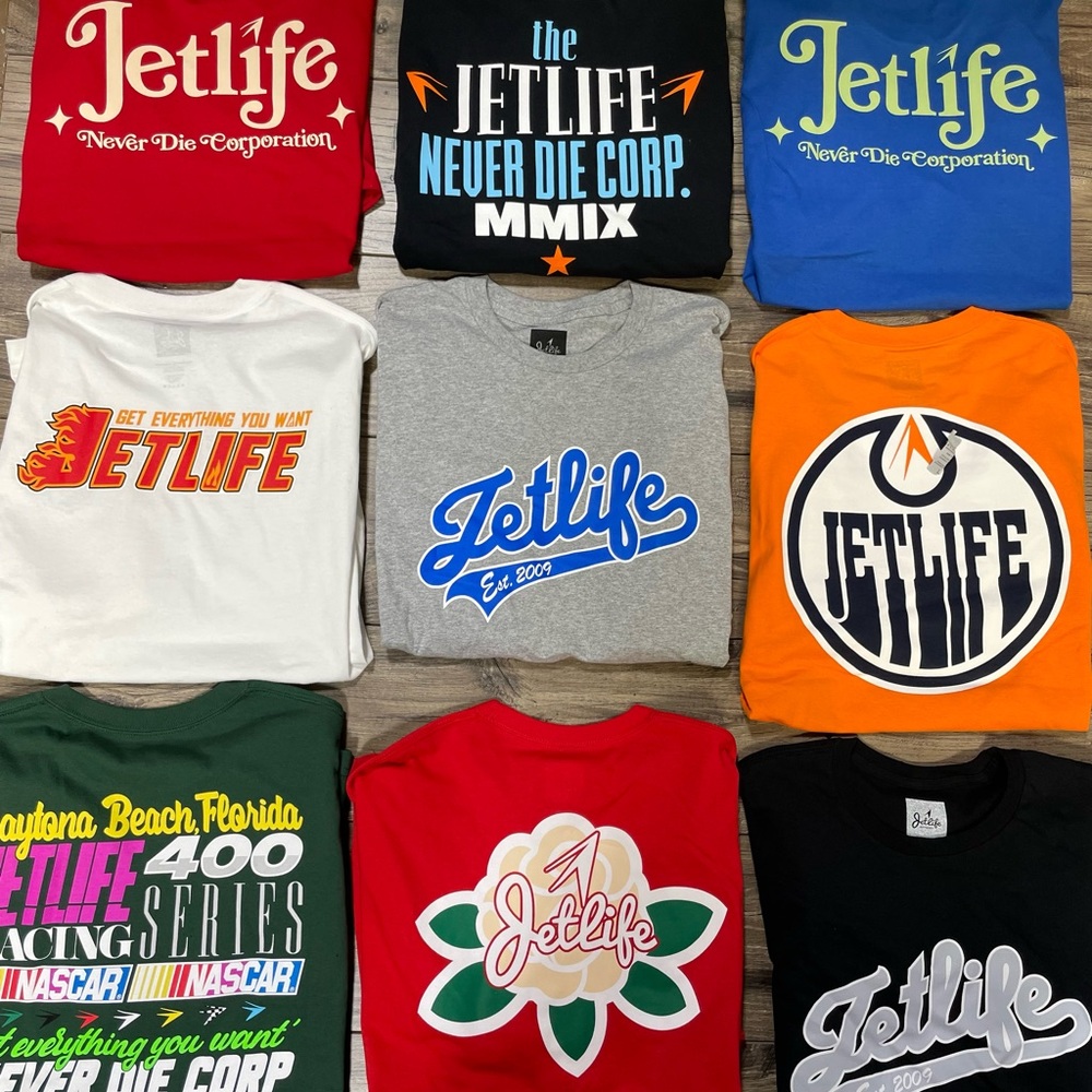 JETLIFE - "CURRENCY" SAMPLE MEN'S T-SHIRTS (ALL SIZE LARGE) NEW W/DEFECTS
